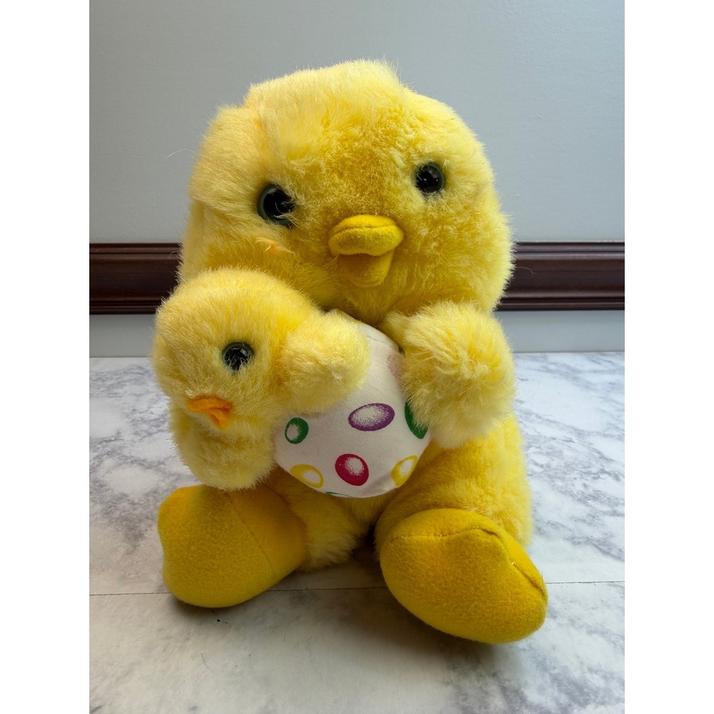 Vintage 1994 Avon Easter Chick and Baby with Polka Dot Egg Plush Yellow 8 Inch